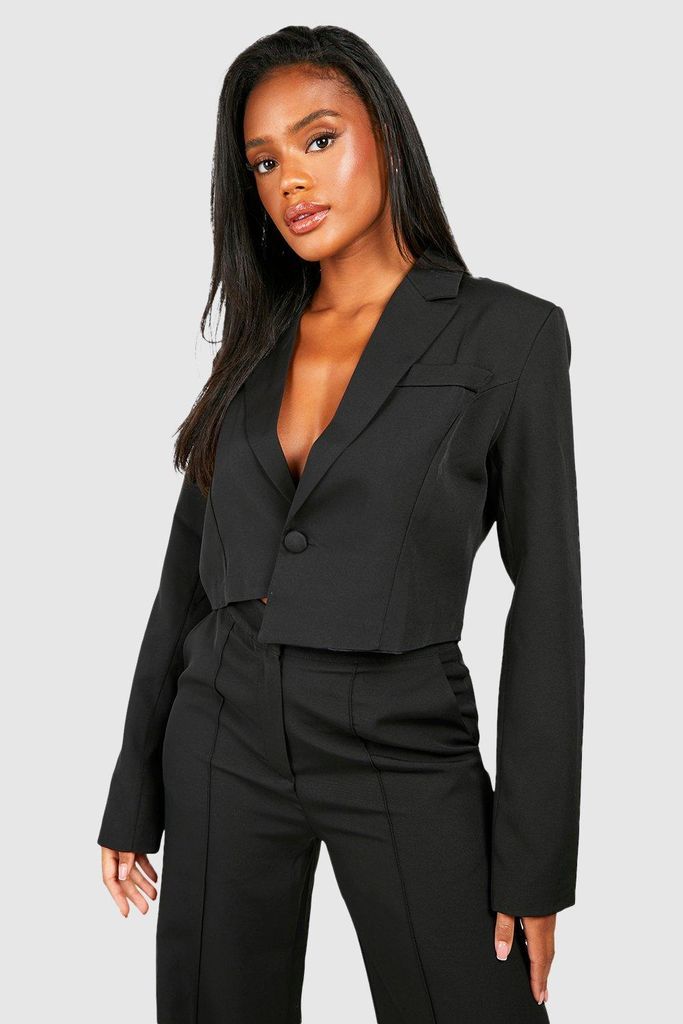 Womens Relaxed Fit Cropped Asymmetric Hem Blazer - Black - 6, Black