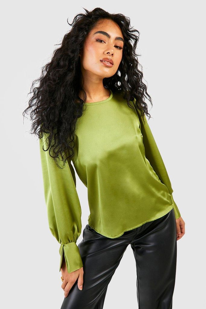 Womens Satin Deep Cuff Volume Sleeve Blouse - Green - 6, Green