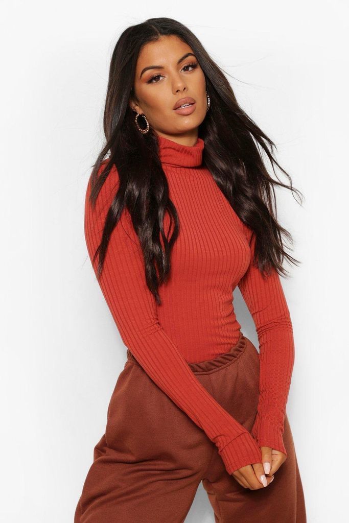 Womens Roll/Polo Neck Knitted Ribbed Top - Orange - S, Orange