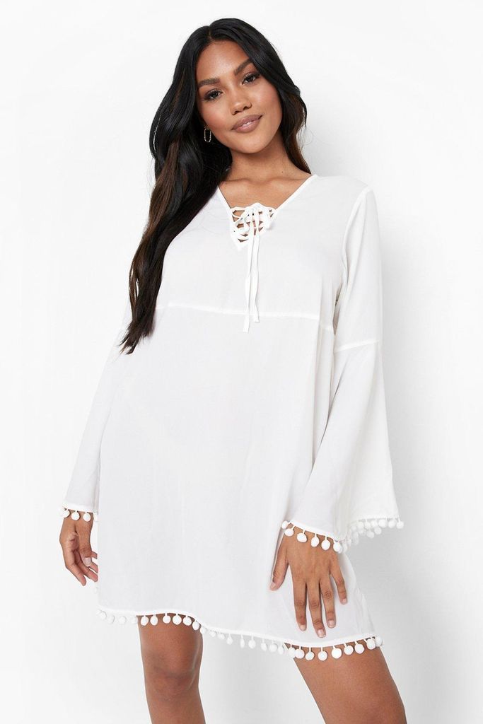 Womens Tassel Flare Sleeve Smock Dress - White - 8, White