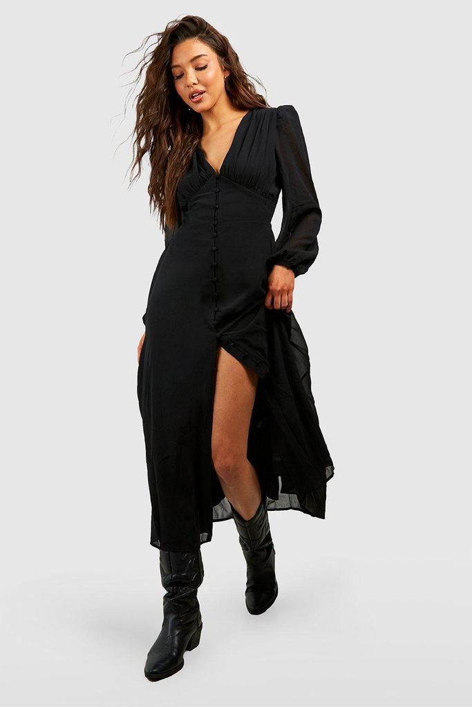 Womens Puff Sleeve Button Through Midi Dress - Black - 8, Black