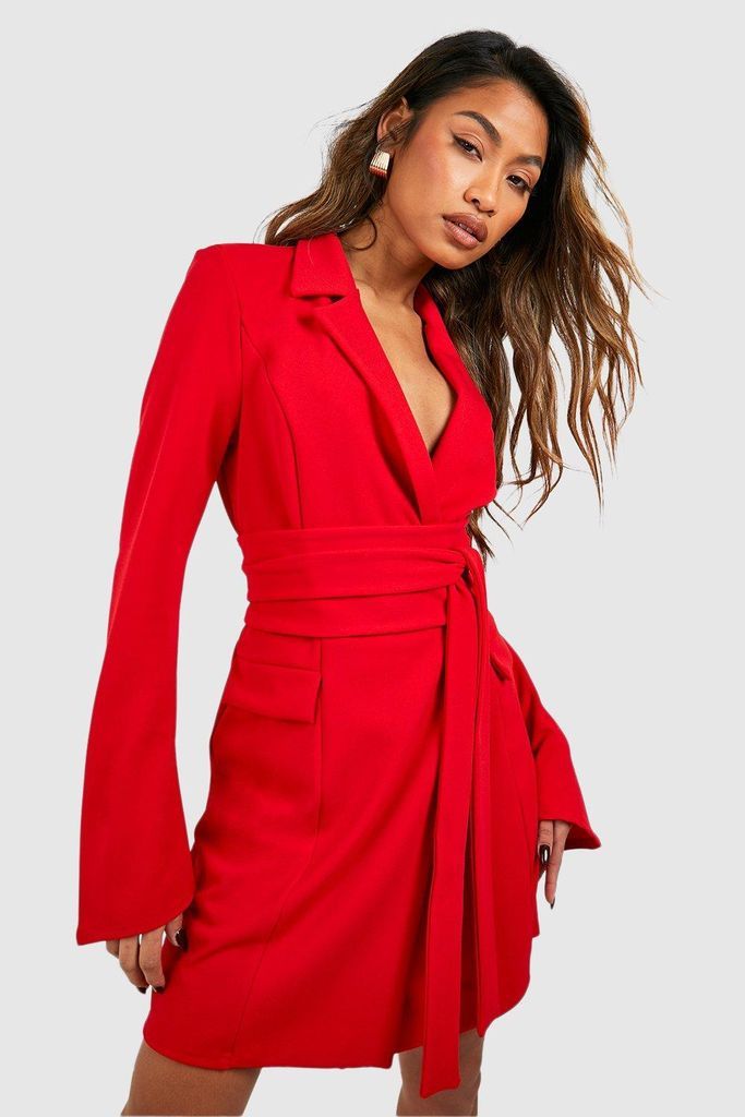 Womens Tie Waist Long Sleeve Blazer Dress - Red - 8, Red