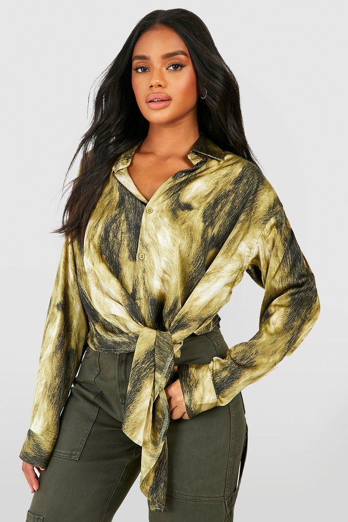 Womens Satin Abstract Tie Side Shirt - Green - 6, Green