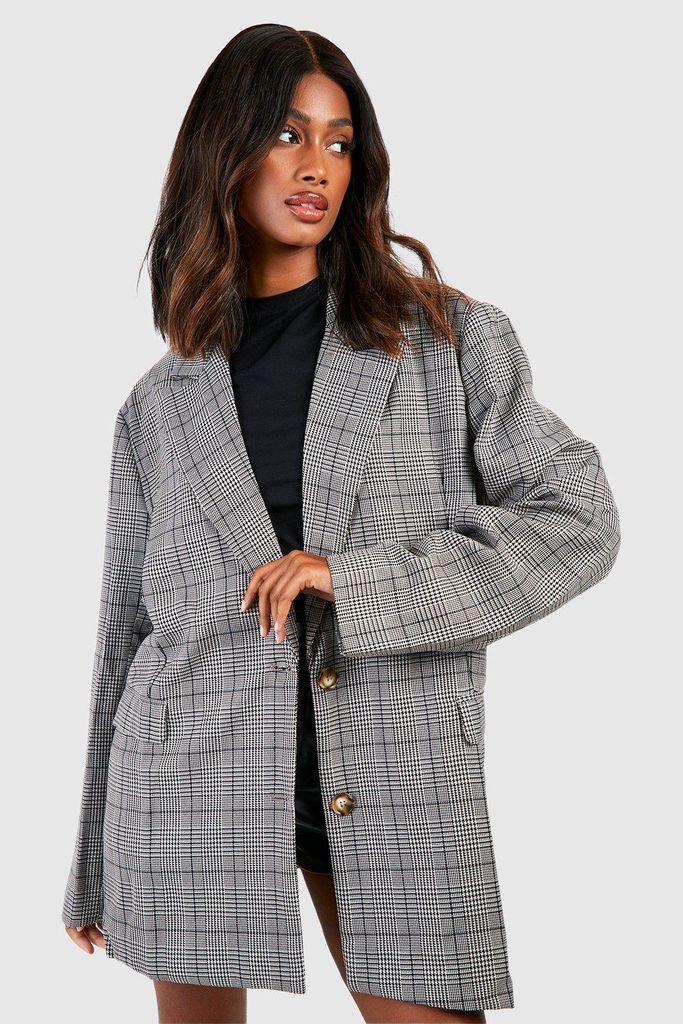 Womens Heritage Check Oversized Single Breasted Tailored Blazer - Beige - 6, Beige