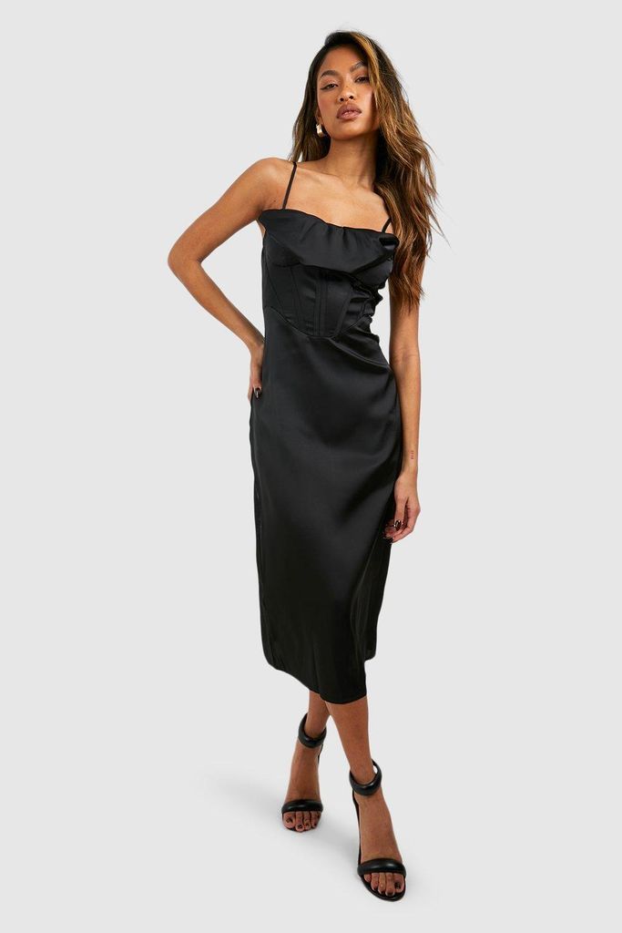 Womens Satin Corset Detail Midi Dress - Black - 8, Black