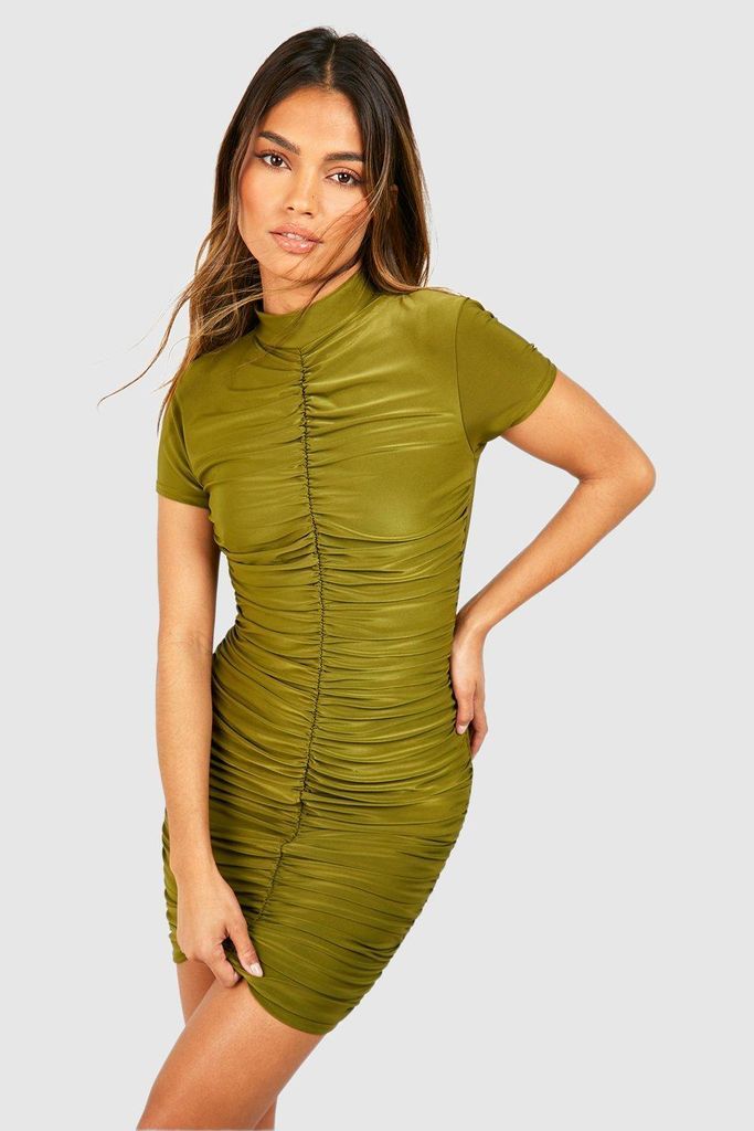 Womens Matte Slinky Rouched Mini Dress - Green - 8, Green