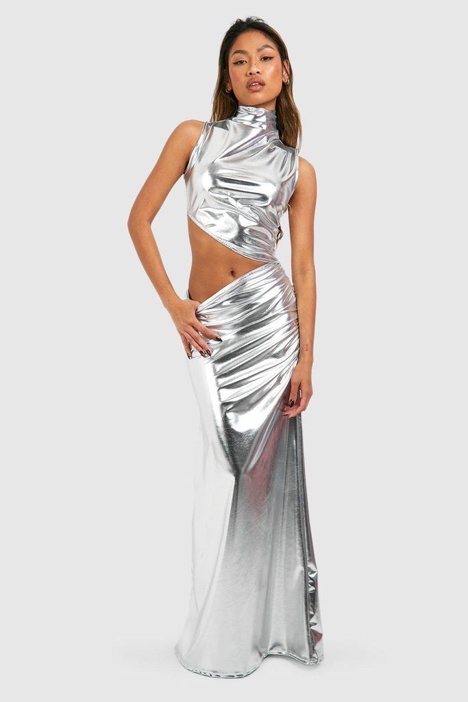 Womens Metallic Pu High Neck Cut Out Maxi Dress - Grey - 8, Grey