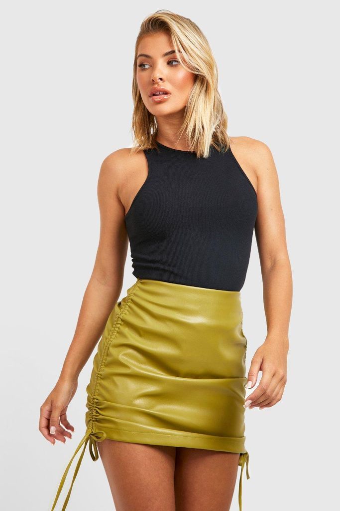Womens Side Ruched Faux Leather Mini Skirt - Green - 6, Green