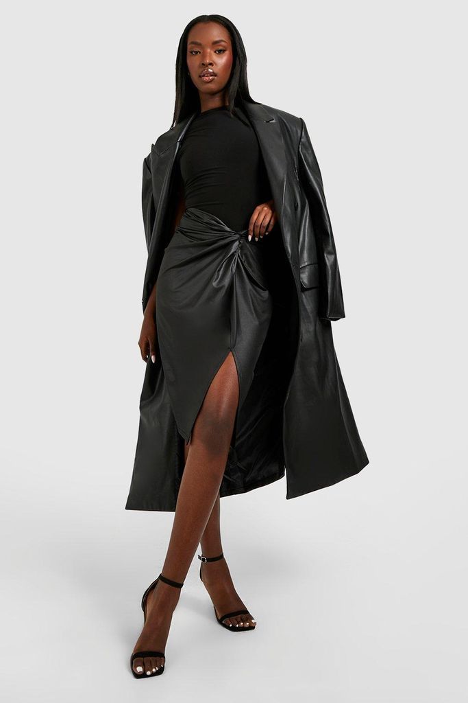 Womens Faux Leather Midaxi Twist Skirt - Black - 6, Black