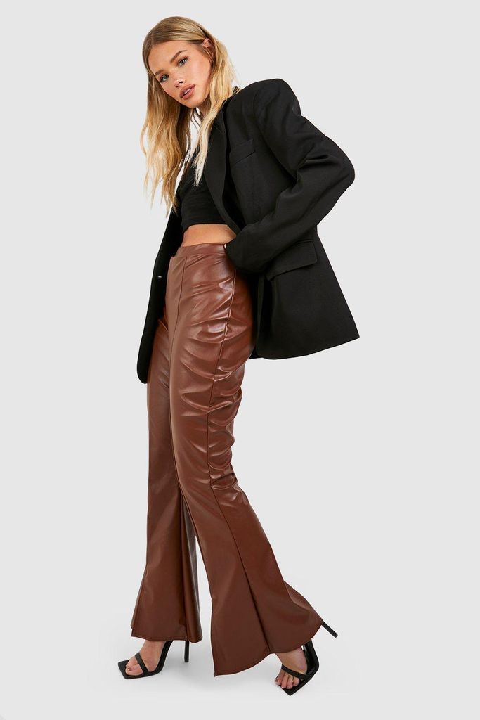 Womens Matte Faux Leather High Waisted Split Hem Flared Trousers - Brown - 6, Brown