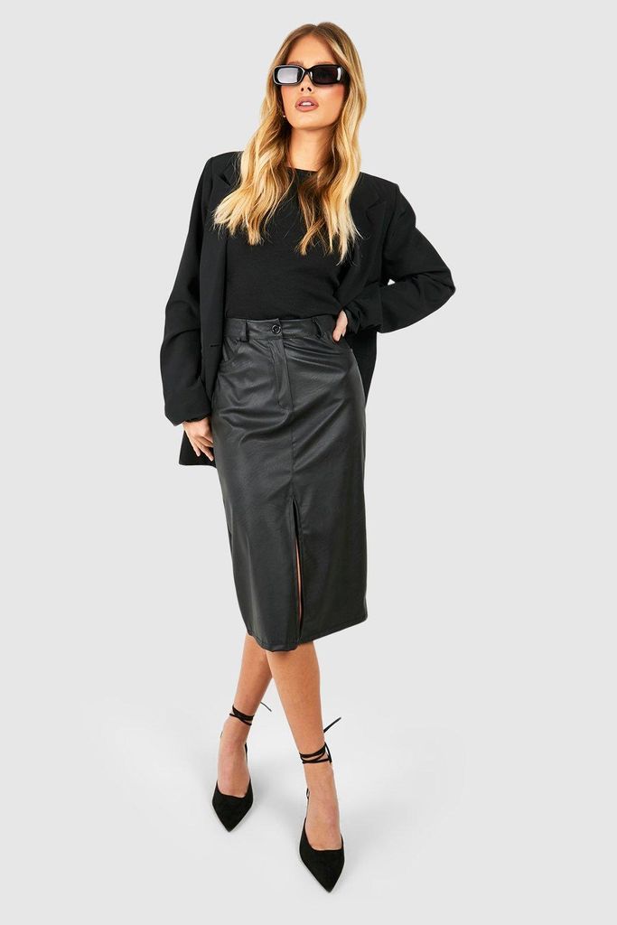 Womens Split Front Faux Leather Midi Skirt - Black - 6, Black