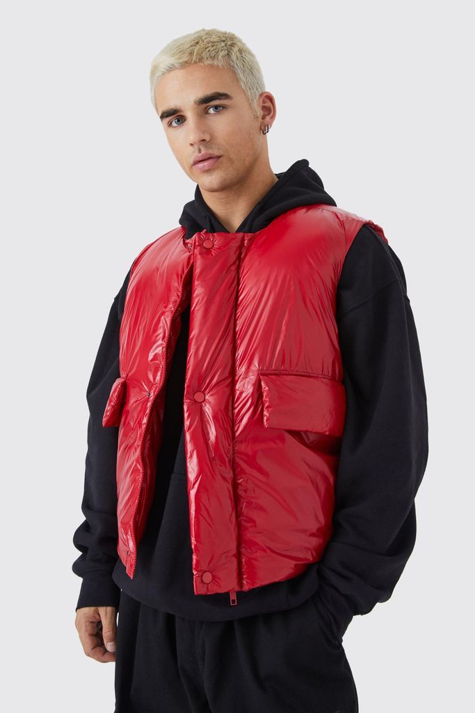 Men's Boxy High Shine Padded Gilet - Red - S, Red
