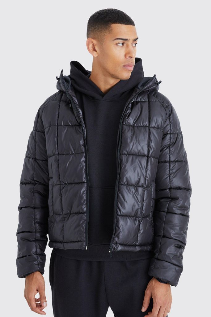 Men's Boxy Square Quilted Puffer With Hood - Black - S, Black
