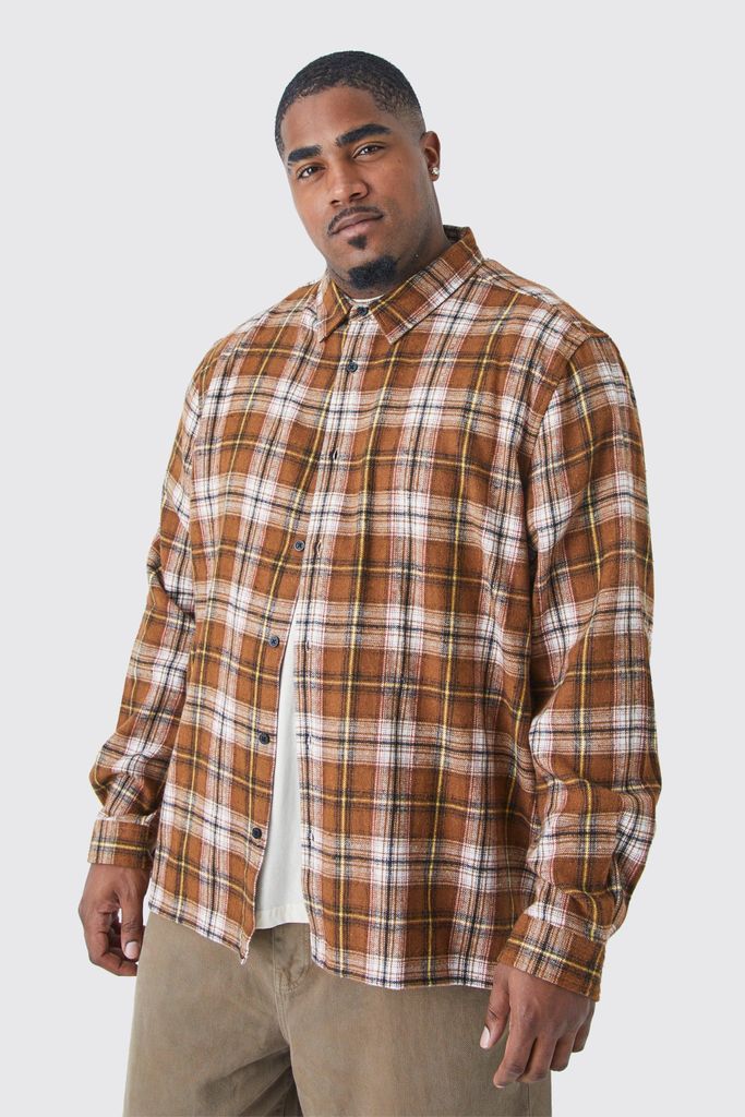Men's Plus Long Sleeve Check Overshirt - Brown - Xxxl, Brown