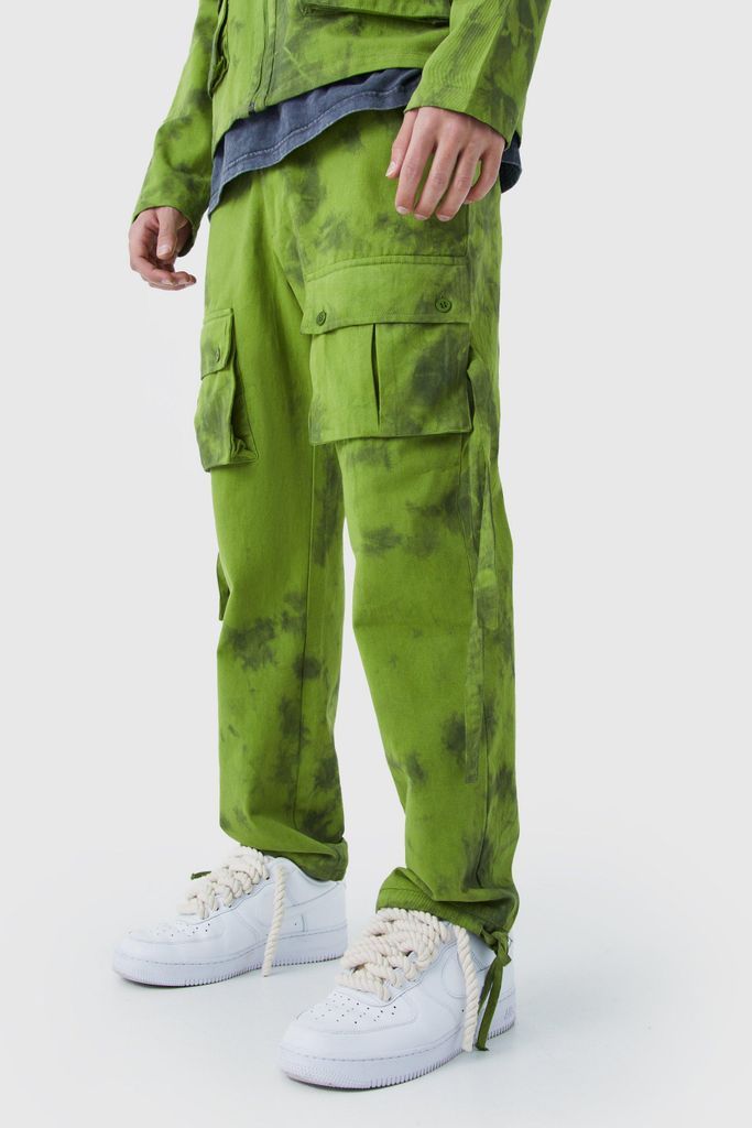 Men's Twill Tie Dye Fixed Waist Straight Leg Cargo Trouser - Green - S, Green