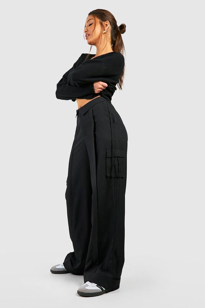 Womens Folded Waistband Relaxed Fit Cargo Trousers - Black - 6, Black
