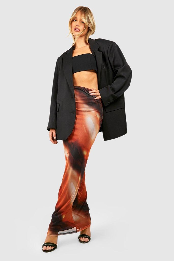 Womens Abstract Printed Mesh Slip Maxi Skirt - Orange - 6, Orange