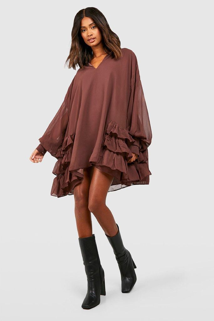 Womens Blouson Sleeve Ruffle Smock Dress - Brown - 8, Brown