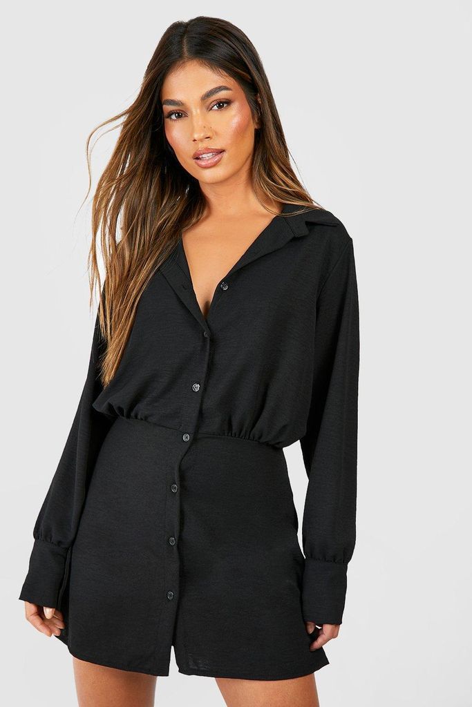 Womens Hammered Blouson Button Front Shirt Dress - Black - 6, Black