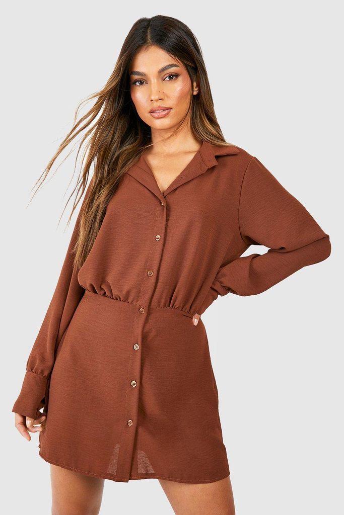 Womens Hammered Blouson Button Front Shirt Dress - Brown - 6, Brown