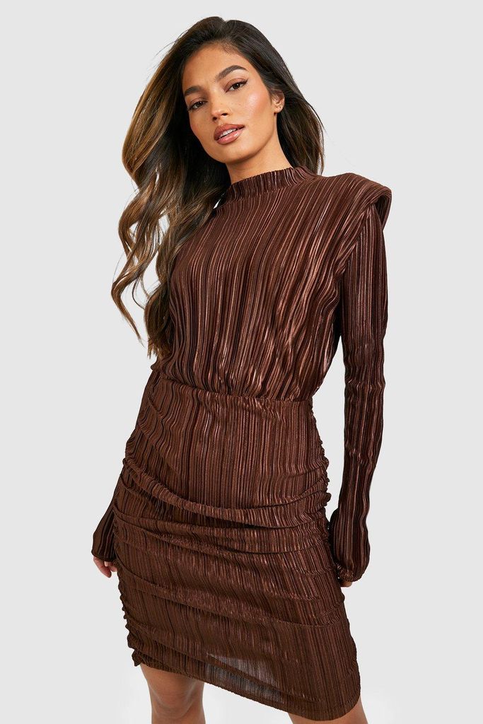 Womens High Neck Plisse Bodycon Dress - Brown - 8, Brown