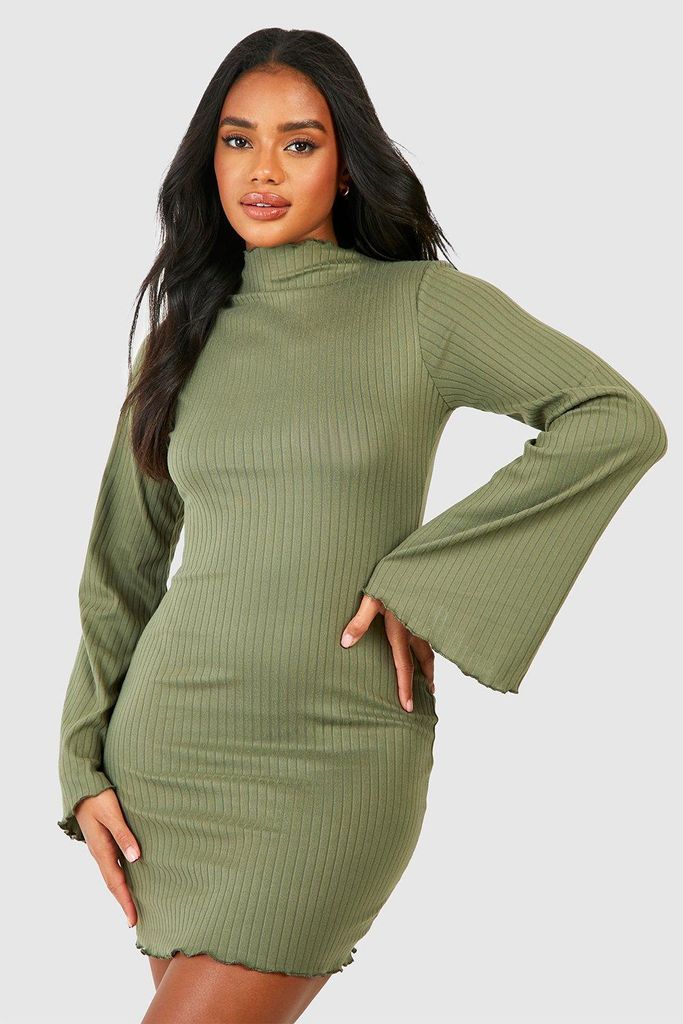 Womens Soft Rib Lettuce Hem Flare Sleeve Mini Dress - Green - 8, Green