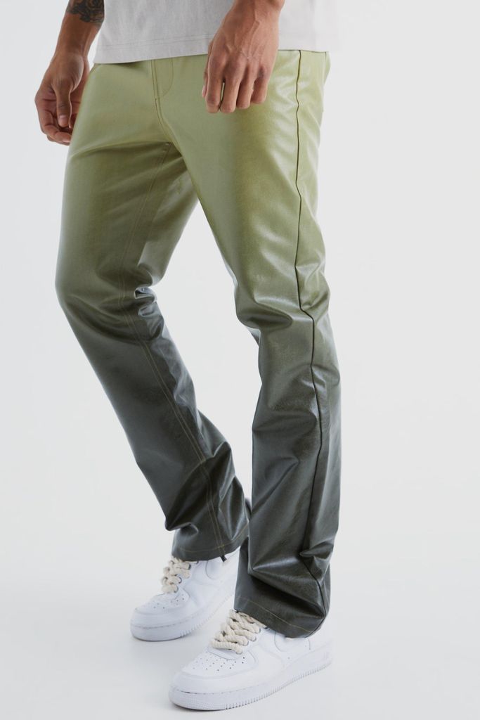 Men's Fixed Waist Slim Flare Ombre Pu Trousers - Green - 28, Green