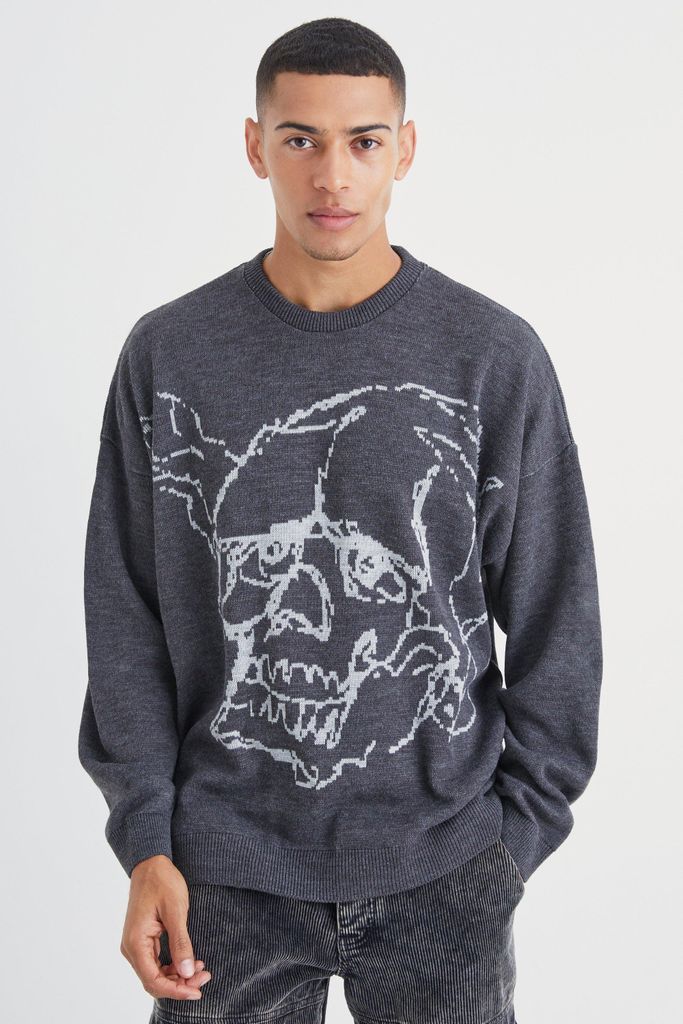 Men's Oversized Line Graphic Skull Knitted Jumper - Grey - S, Grey