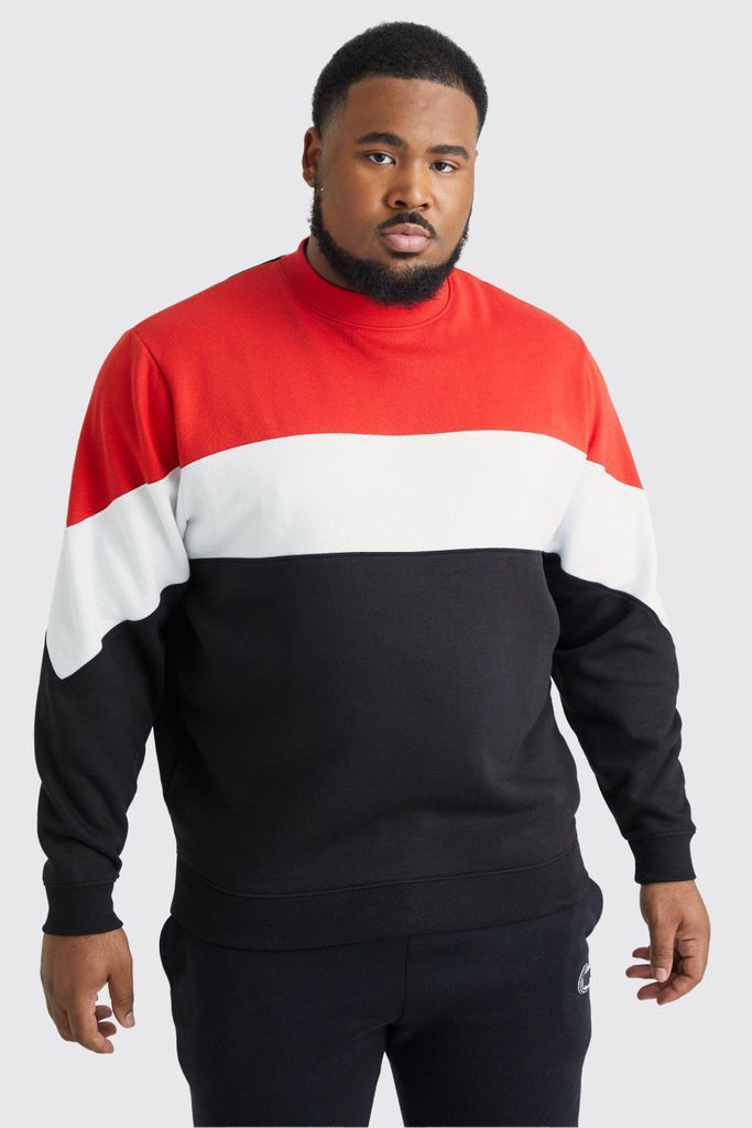 Men's Plus Colour Block Extended Neck Sweatshirt - Red - Xxxl, Red