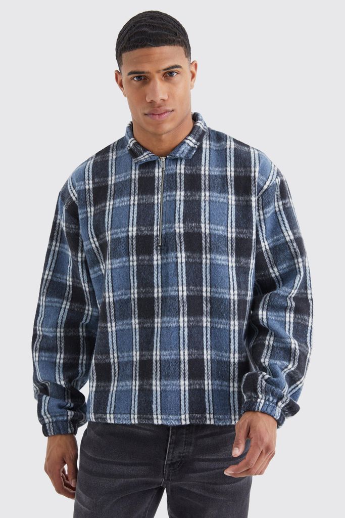 Men's Quarter Zip Boxy Fleece Checked Overshirt - Multi - S, Multi