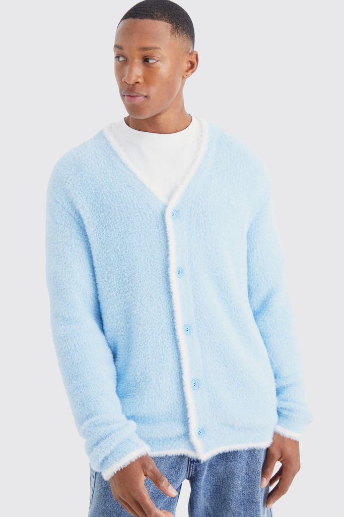 Men's Relaxed Fluffy Cardigan With Tipping - Blue - S, Blue