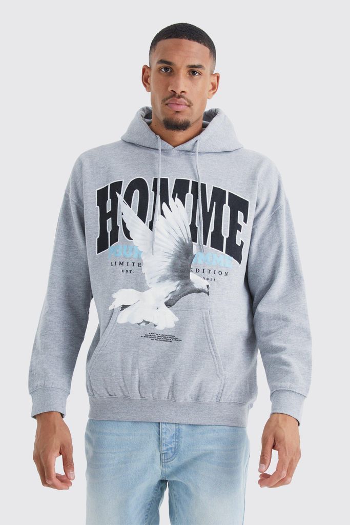 Men's Tall Oversized Homme Dove Print Graphic Hoodie - Grey - S, Grey