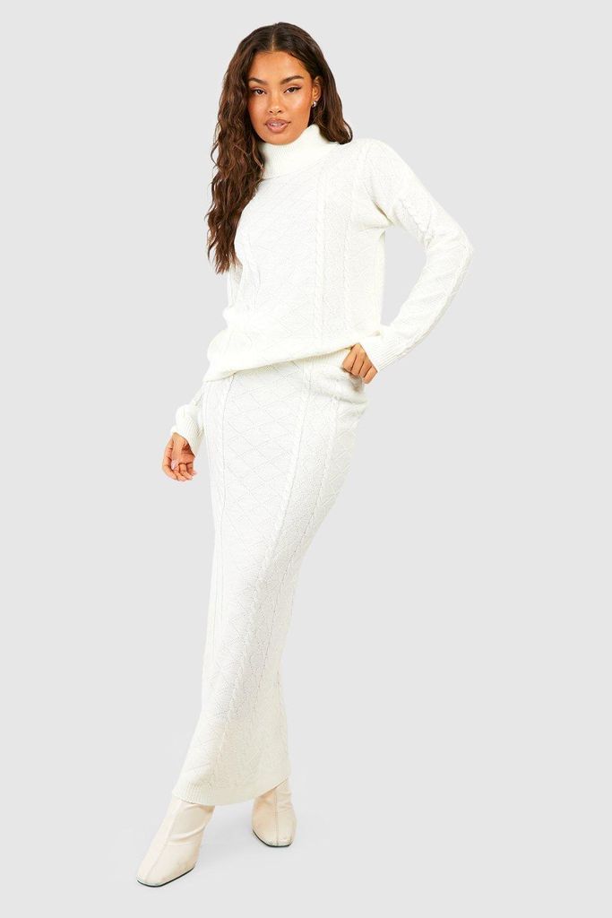 Womens Cable Roll Neck Jumper And Maxi Skirt Knitted Co-Ord - White - 8, White