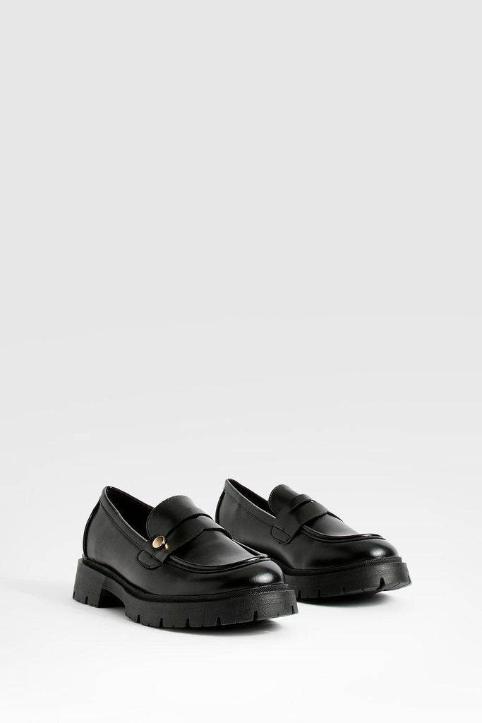 Womens Chunky Hardware Detail Loafers - Black - 3, Black