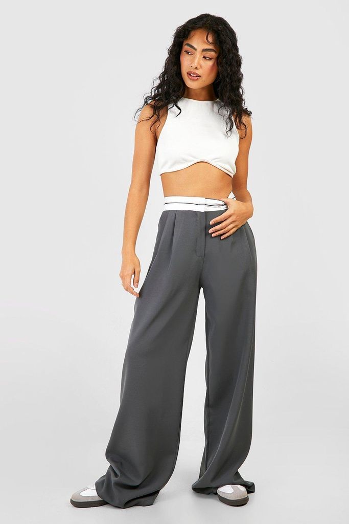 Womens Contrast Waistband Pleat Front Wide Leg Trousers - Grey - 6, Grey