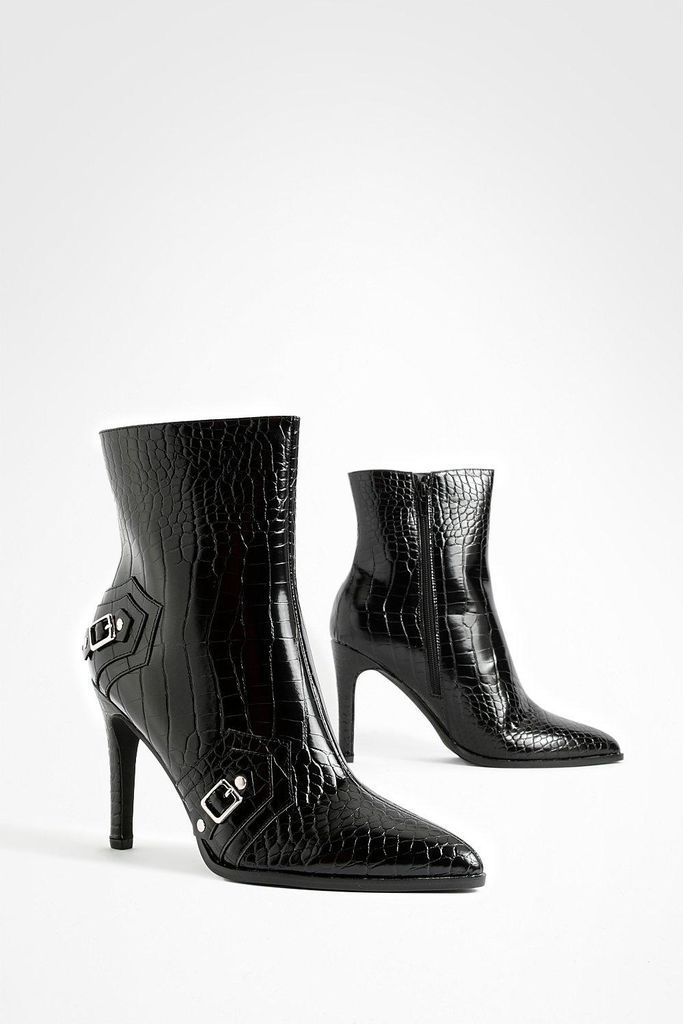 Womens Croc Stud Detail Stiletto Ankle Boots - Black - 3, Black