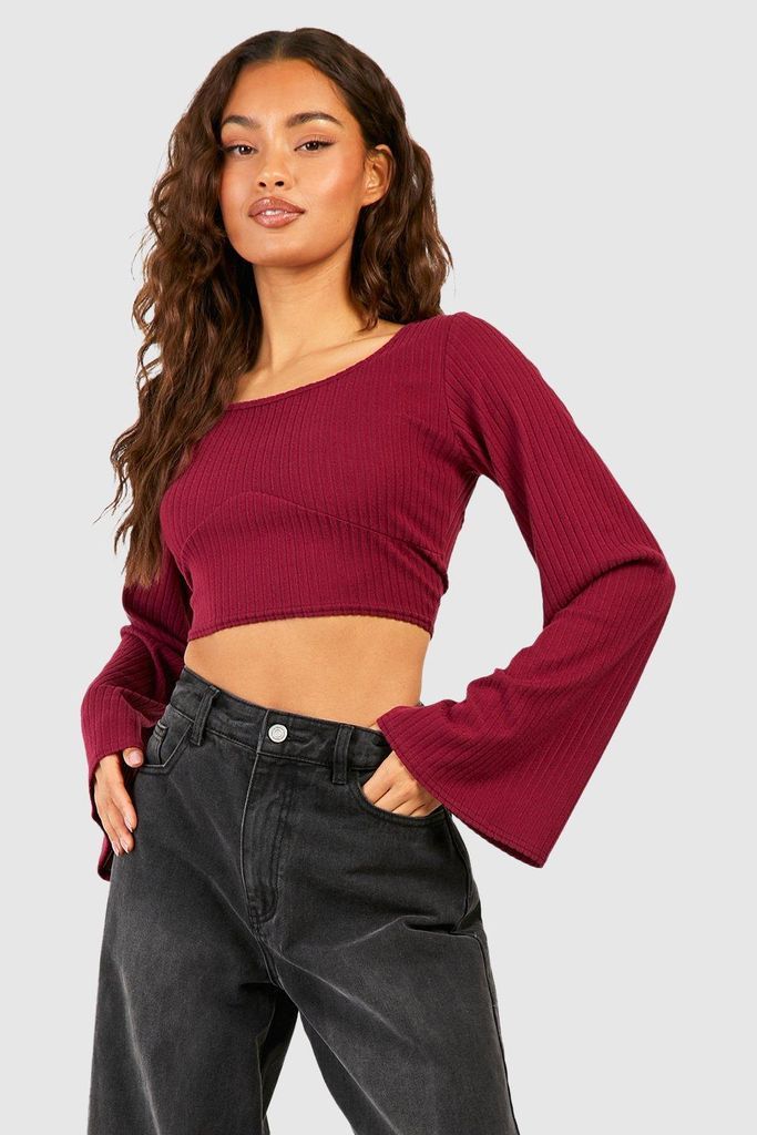 Womens Flare Sleeve Rib Knit Crop Top - Red - S, Red
