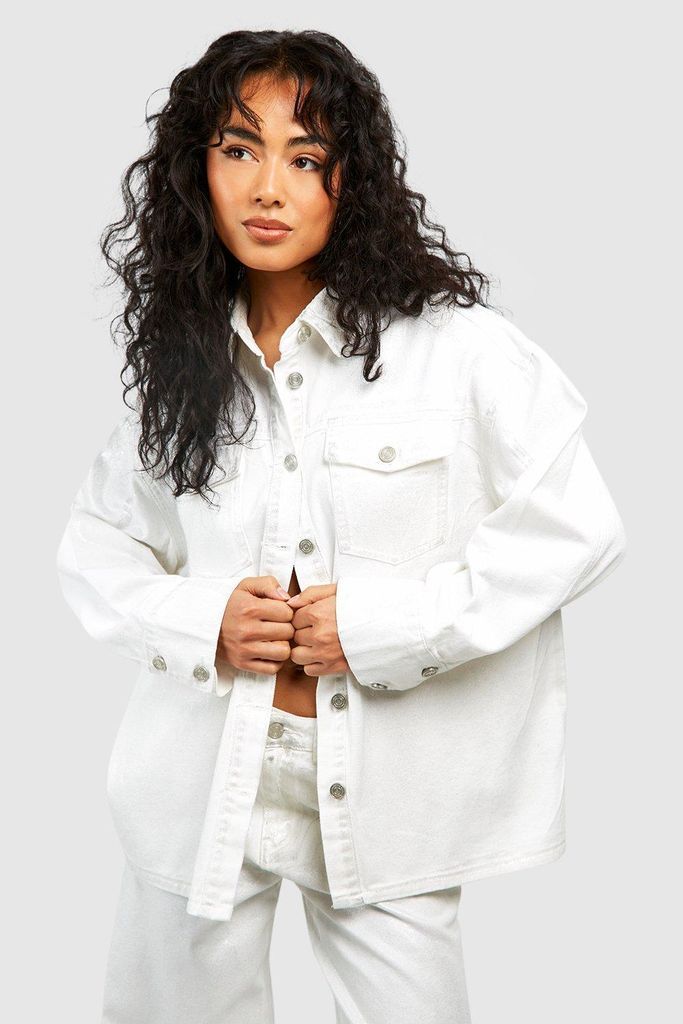 Womens Metallic Coated Denim Shirt - White - 6, White