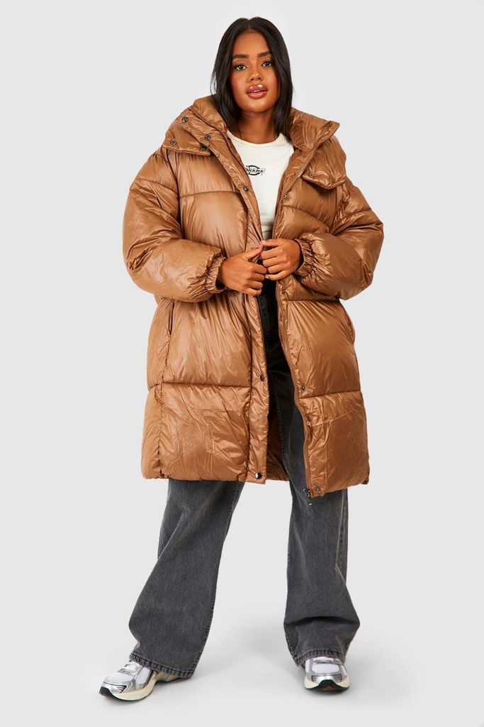 Womens Oversized Longline Puffer Jacket - Brown - S, Brown