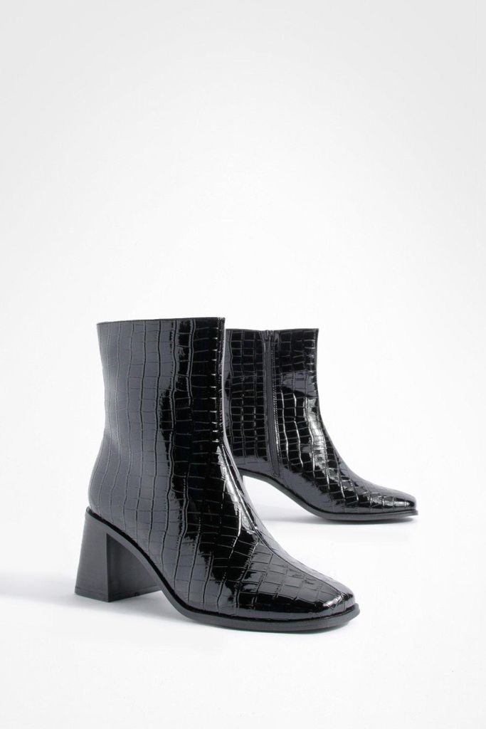 Womens Patent Croc Block Heel Ankle Boots - Black - 3, Black