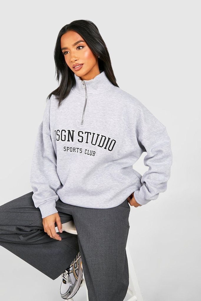 Womens Petite Dsgn Studio Applique Oversized Half Zip Sweatshirt - Grey - S, Grey