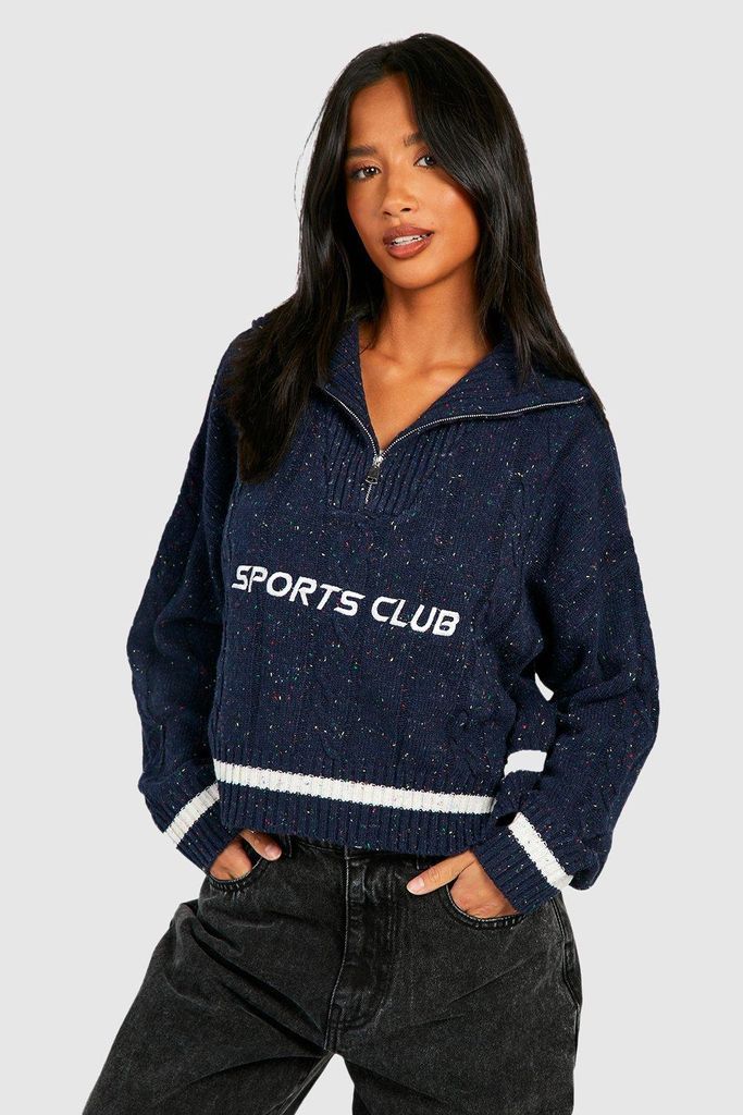 Womens Petite Embroidered Cable Knit Cropped Half Zip Jumper - Navy - 6, Navy