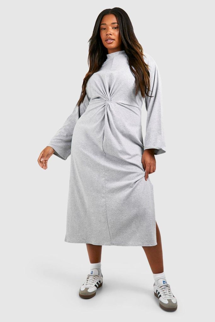 Womens Plus Cotton Long Sleeve Twist Front Midaxi Dress - Grey - 16, Grey