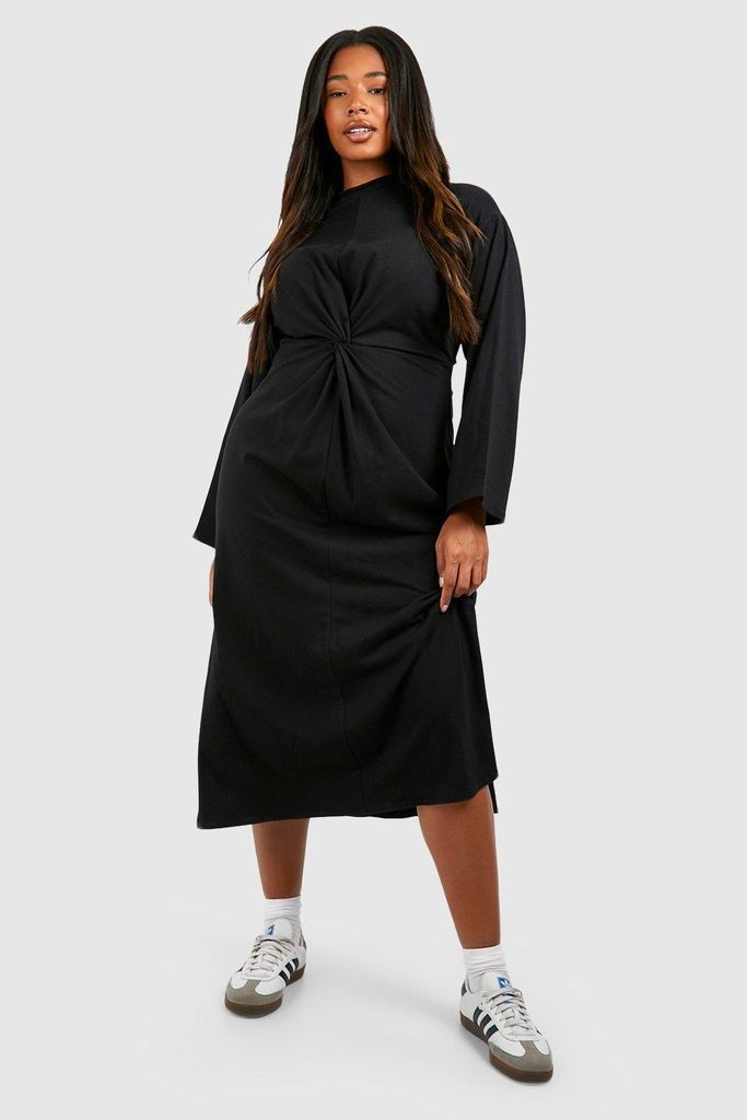 Womens Plus Cotton Long Sleeve Twist Front Midaxi Dress - Black - 16, Black
