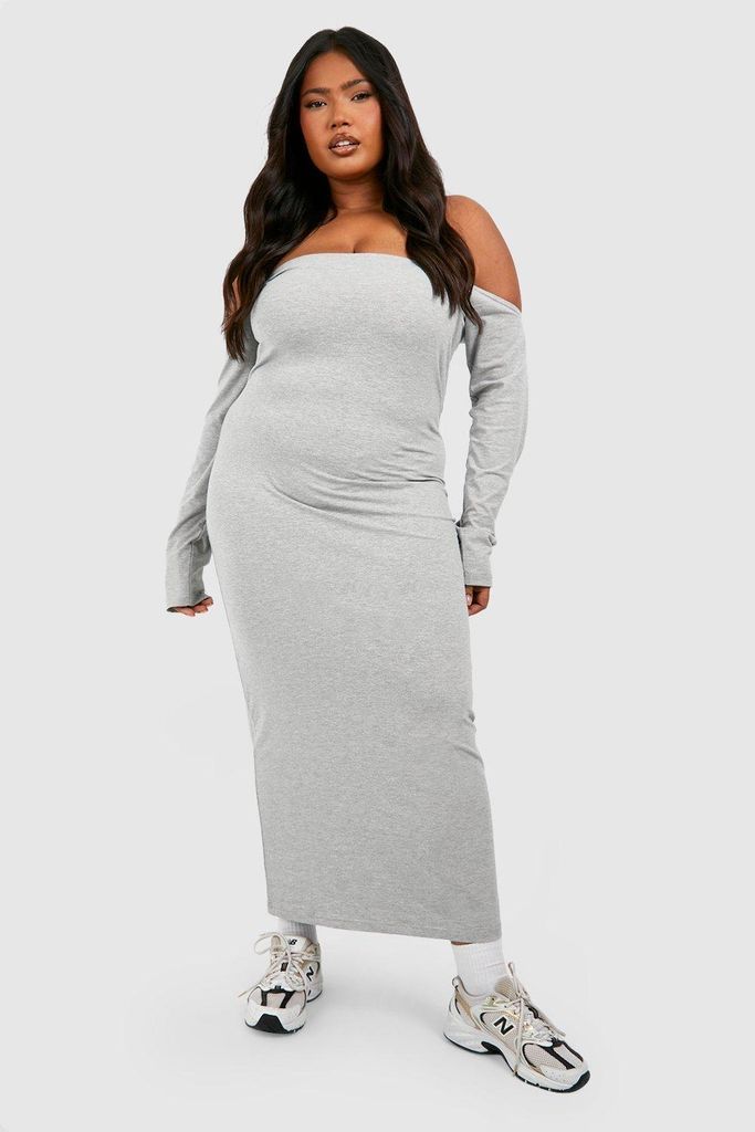 Womens Plus Cotton Off Shoulder Midi Dress - Grey - 16, Grey