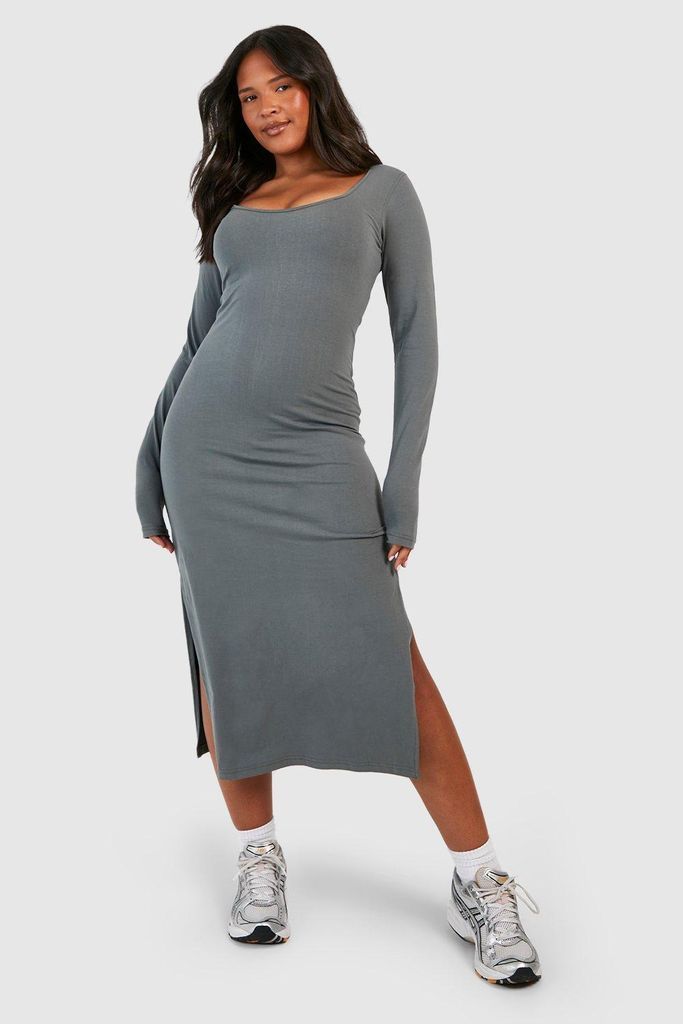 Womens Plus Cotton Scoop Neck Split Midi Dress - Grey - 16, Grey