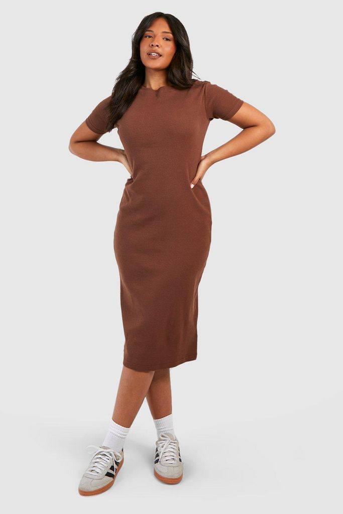 Womens Plus Cotton Short Sleeve Midi Dress - Brown - 16, Brown