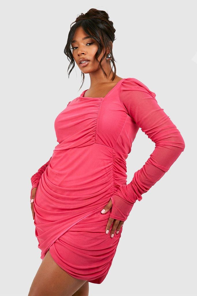 Womens Plus Mesh Ruched Bodycon Dress - Pink - 16, Pink