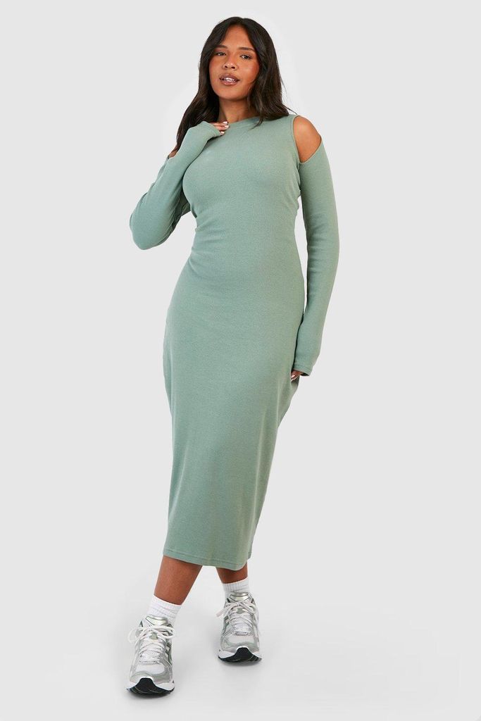 Womens Plus Ribbed Cut Out Detail Midi Dress - Green - 16, Green