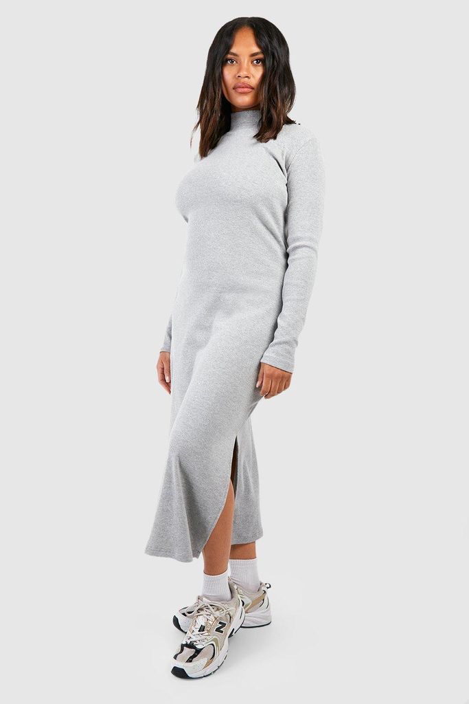 Womens Plus Ribbed High Neck Split Midi Dress - Grey - 16, Grey